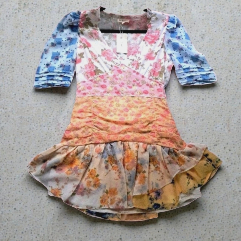 For Love Bell Patchwork Floral Ruffled Mini Dress Sz Large